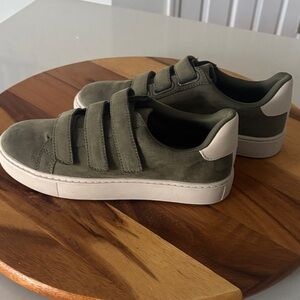 Olive Green suede Shoes with Cream Accents Time and Tru size 6 Velcro straps